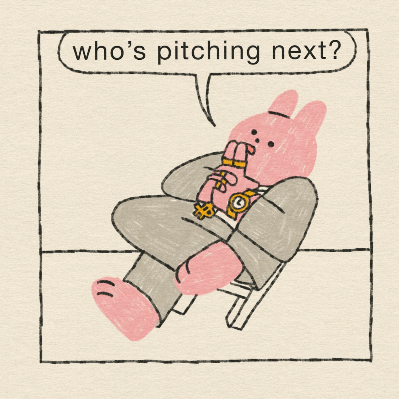 The company CEO, in his flashy grey suit and gold jewellery, leans back in his chair and rubs his hands together. “Who’s pitching next?”, he says. 