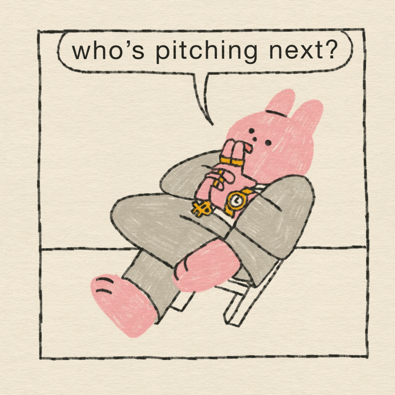 The company CEO, in his flashy grey suit and gold jewellery, leans back in his chair and rubs his hands together. “Who’s pitching next?”, he says.