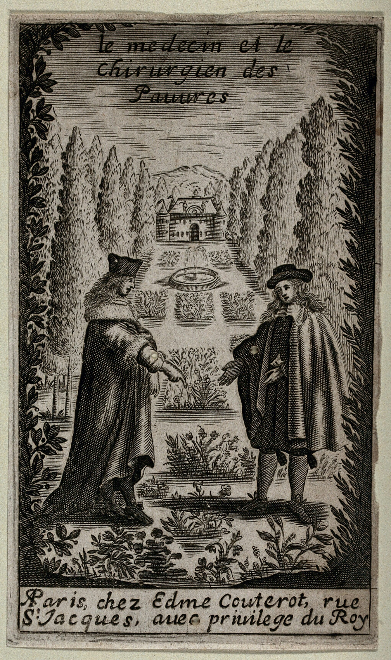 Black ink engraving showing a physician and a surgeon pointing to herbs in a herb garden,  indicating medicine and surgery for the poor.
