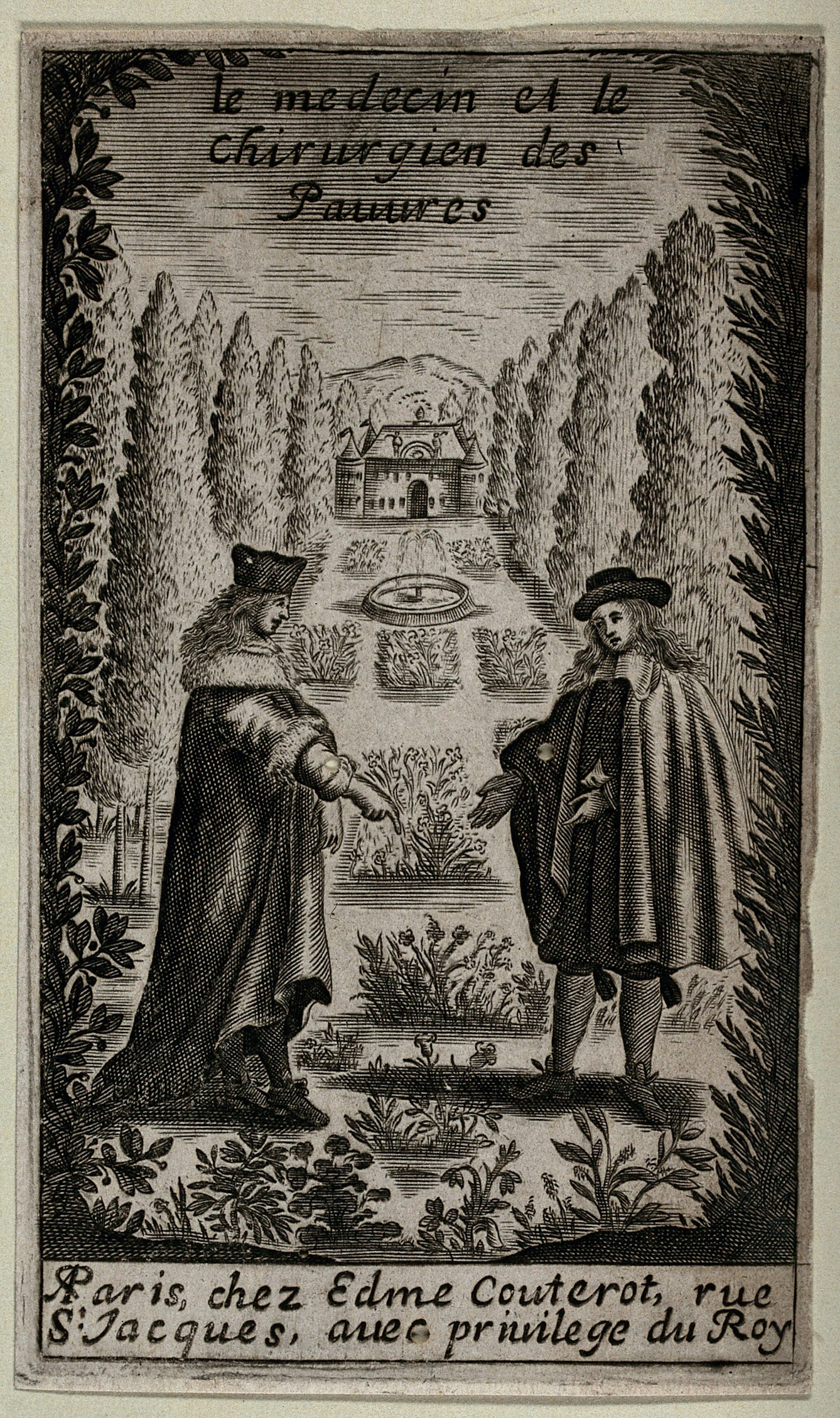 Black ink engraving showing a physician and a surgeon pointing to herbs in a herb garden, indicating medicine and surgery for the poor.