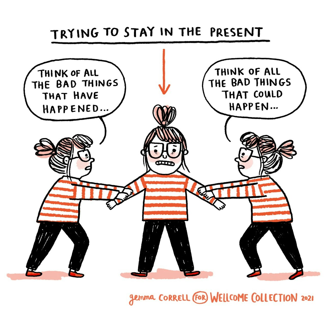 Text at the top reads - “Trying to stay in the present”

An arrow points down to a woman wearing glasses and a striped top and black trousers with her hair in a ponytail is in the centre of the image. She looks anxious and is clenching her teeth. 

To the left is an identical version of the woman, in profile. She looks worried and is holding on to the woman’s arm and saying “Think of all the bad things that have happened…”

To the right is another identical version of the woman, in profile. She looks worried and is holding on to the woman’s other arm and saying “Think of all the bad things that could happen…”