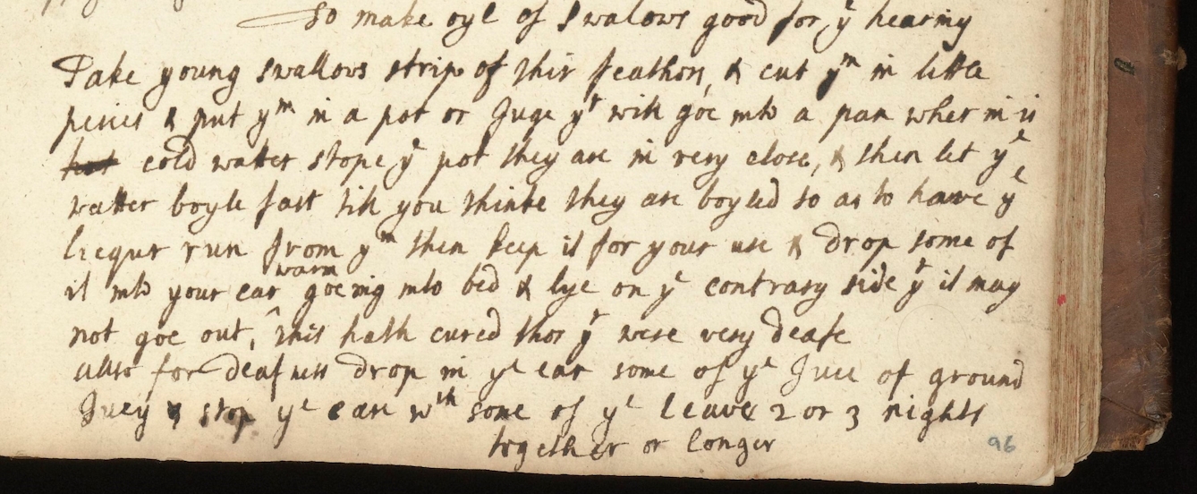 Part of a page of text handwritten in ink with the title "To make oyl of swalows good for ye hearing", which talks about taking "young swallows strips of their feathers".