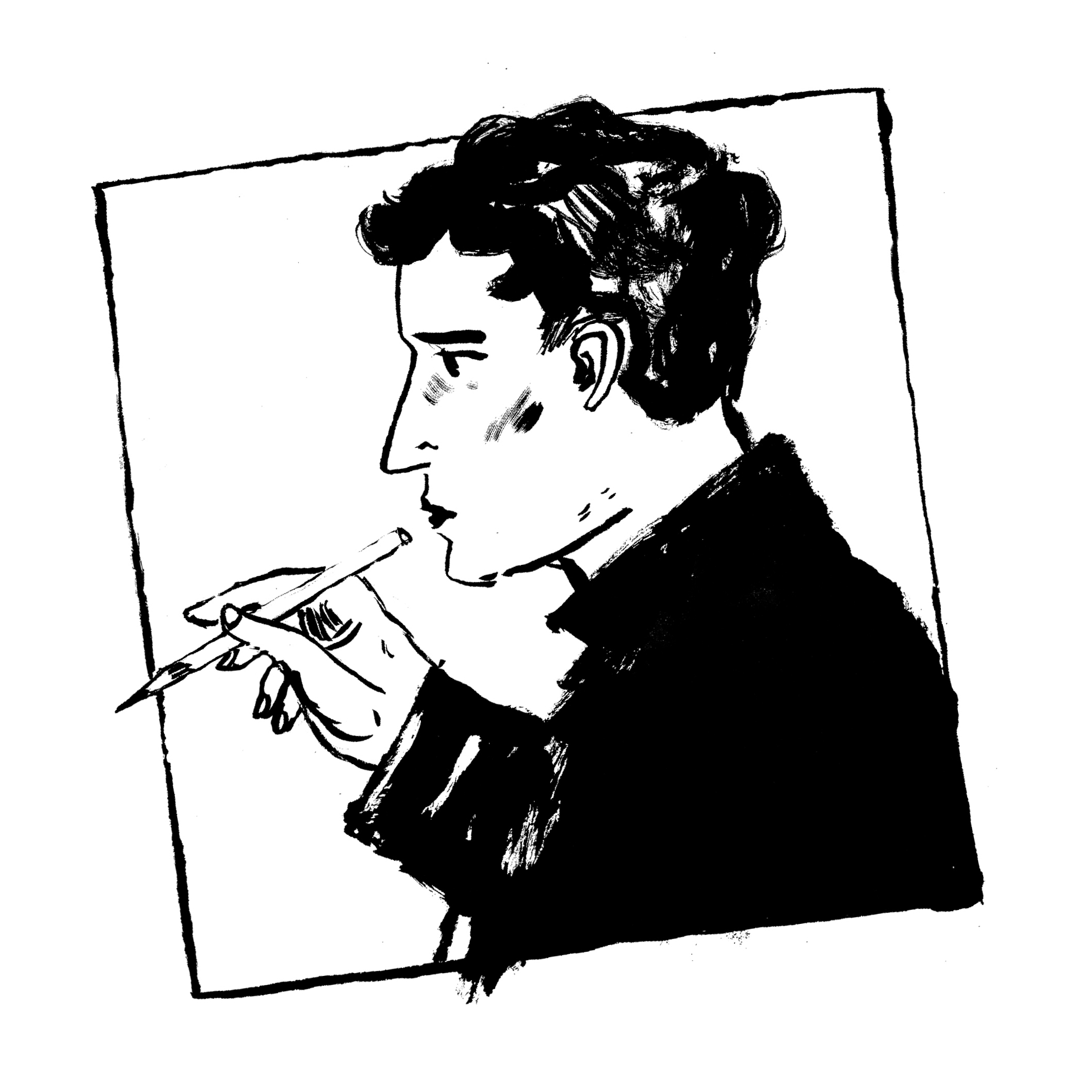Balck and white illustration of a person representing James Albon.