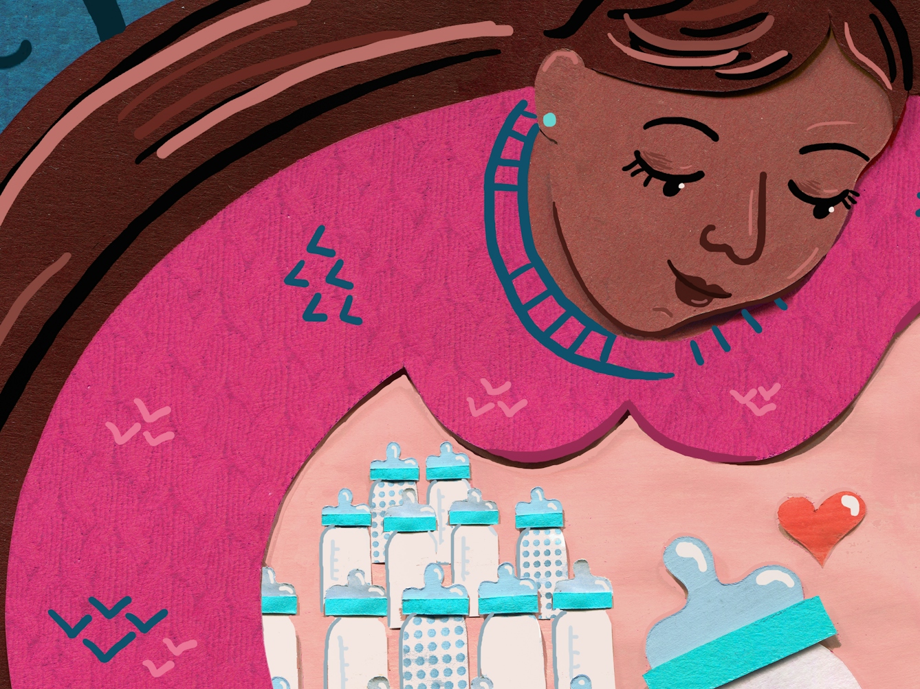 A mixed media illustration depicting a black mother wearing a pink jumper. Under her arm are stacks of baby bottles full with milk.