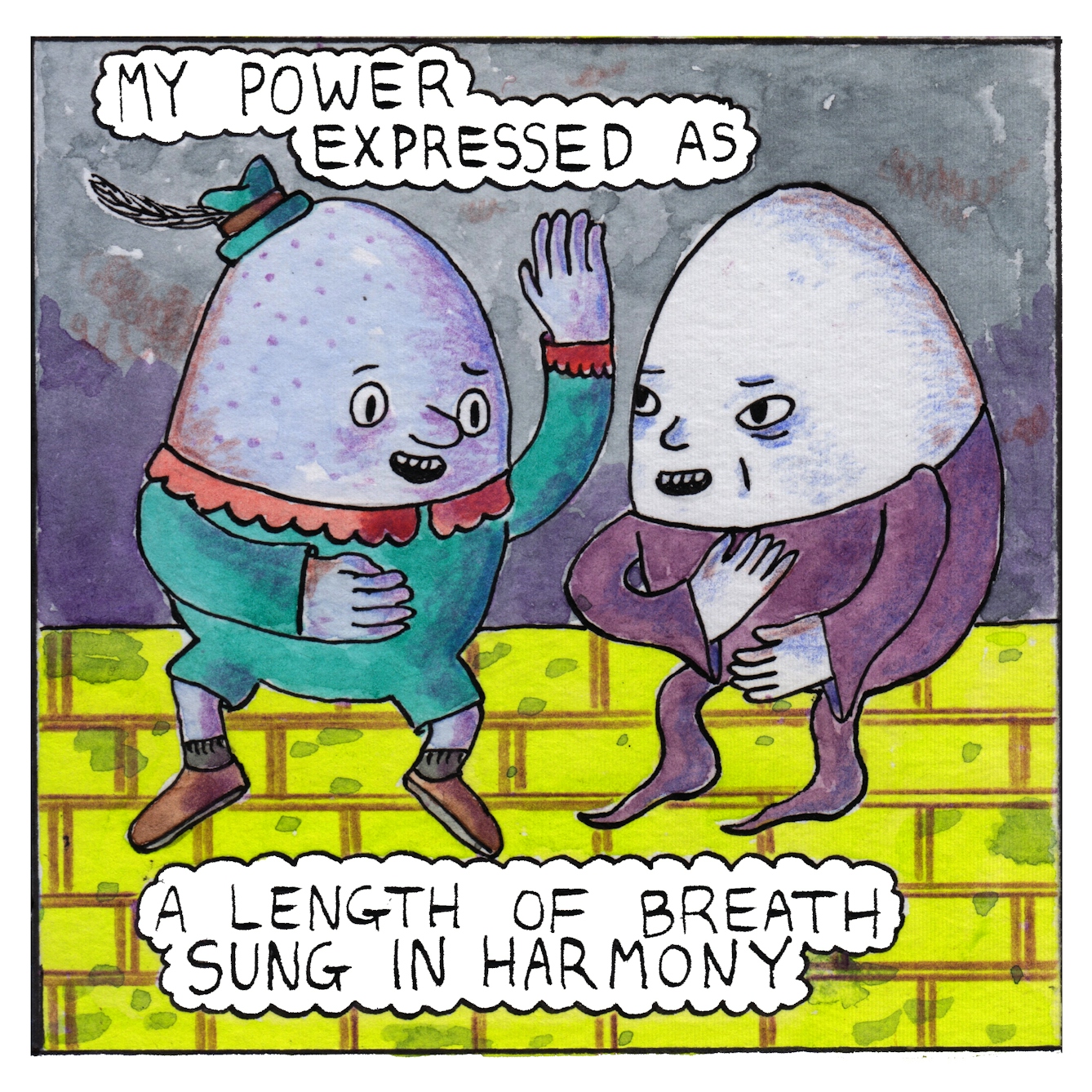 Panel 6 of comic 'Egg Inc.': Two egg-shaped characters sit on a yellow-brick wall looking at each other, their mouths open, gesticulating with their arms. A text bubbles above and below them say "My power expressed as a length of breath sung in harmony