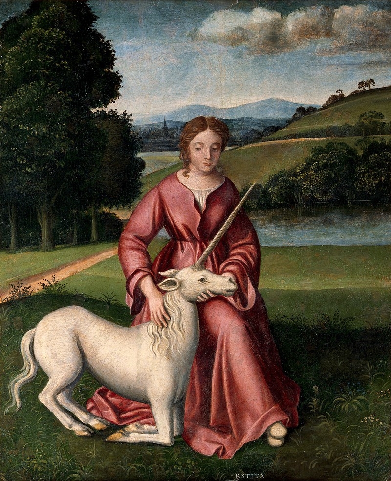 Painting of woman in pink dress kneeling with a small white unicorn resting its head on her knee. The scene is outdoors with mountains, trees, and a river in the background.