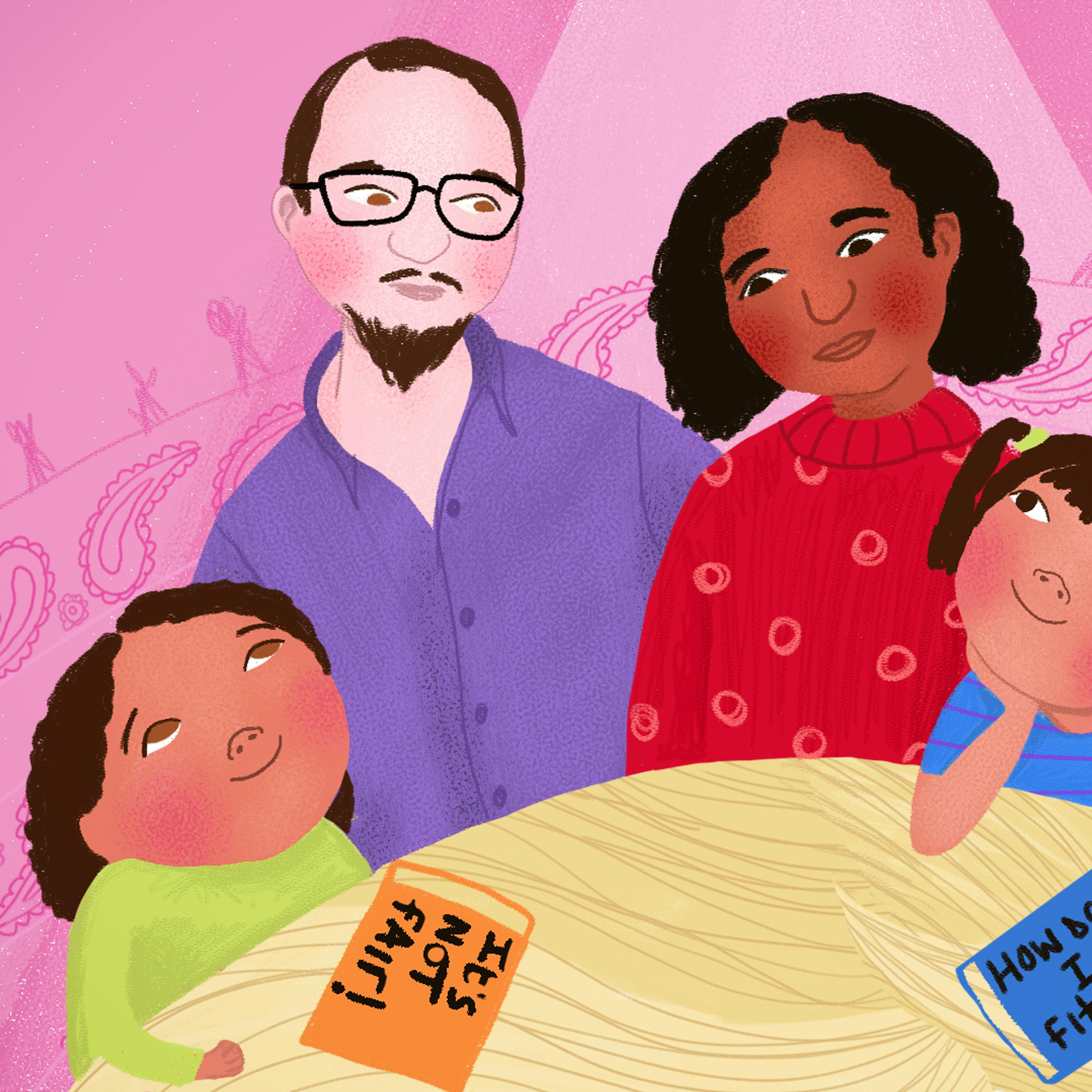 Digital colour illustration. The illustration shows part of a circular tabletop in the foreground, which has a wooden texture of swirling wood grain which resembles strands of blonde hair. Behind the tabletop are a family made up of a father and mother with their twin daughters and older daughter. The family are wearing colourful bright clothing. The older daughter on the left is wearing a lime green top, the father next to her is wearing a purple shirt, the mother a red patterned jumper and the twins a matching blue t-shirt with red horizontal pin stripes. The twin daughters are looking to the mother, as is the father. The mother is looking down at the elder daughter who looks up towards the father. The father looks to be of a White ethnic background, the mother of a Black ethnic background and the daughters of a Mixed ethnic background. On the tabletop are two books, one titled 'It's not fair!' and the other 'How do I fit in?'. Behind the family group is a pink textured and pattern background with what looks like a spotlight shining down behind the mother.