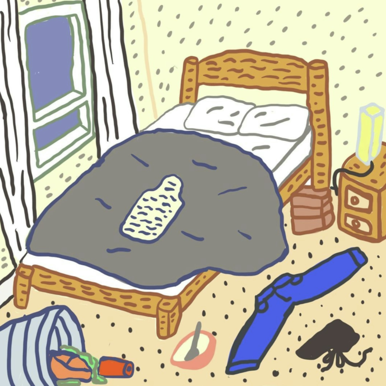 Webcomic showing a double bed in a room with a hot water bottle on top and clothes on the floor.