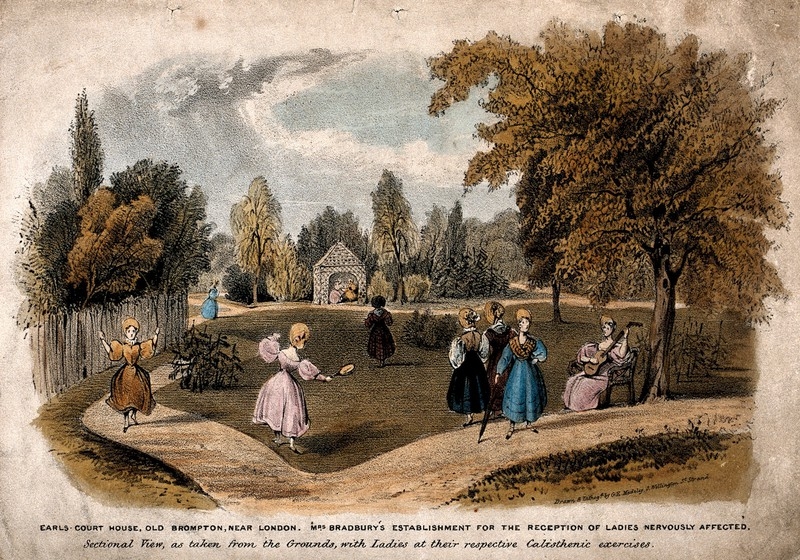 Image of coloured lithograph featuring an English garden with women dancing and playing music.