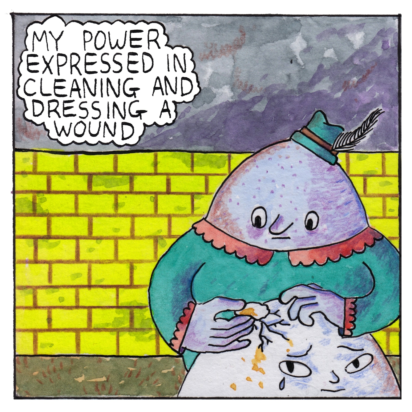 Panel 7 of the comic 'Egg Inc.': An egg-shaped character dressed in green with green hat tries to repair the head of another egg-shaped character whose head has been cracked. Behind them is a yellow brick wall, grey skies above and dark green grass below. A text bubble says "My power expressed in cleaning and dressing a wound."