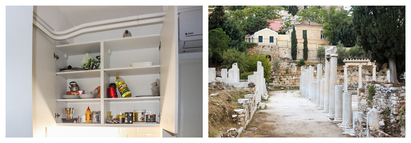 Photographic colour diptych. The image on the left shows an internal view of a cupboard in a kitchen. The doors are open revealing the crockery and pots of food inside.  The image on the right shows an archeological site made up of rock outcrops, trees, shrubs and ancient stone pillars and walls. In the distance are several modern buildings nestled in the landscape.
