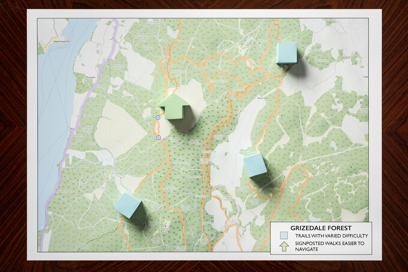 Photograph of a warm wood grained, polished tabletop from above. Resting on the table is a rectangular map showing roads, lakes, and the contours of hills. Resting on the map at strategic locations are four three dimensional shapes, a light green arrow and three light blue cubes. To the bottom right of the map is a legend titled, 'Grizedale Forest'. There is a key to the three dimensional shapes. The blue cubes represent 'Trails with varied difficulty'. The green arrow represents 'Signposted walks easier to navigate'.