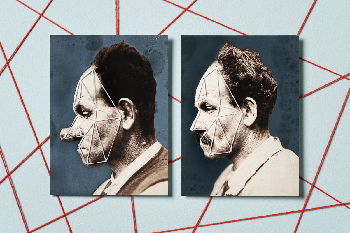 An image of two photographs of a man in profile, depicting the before and after results of plastic surgery on his nose. The photographs have been altered with thread so that a series of triangles mimic his facial features with vector like patterns. Behind the photos is also a web of red lines in the same vector-like patterns.