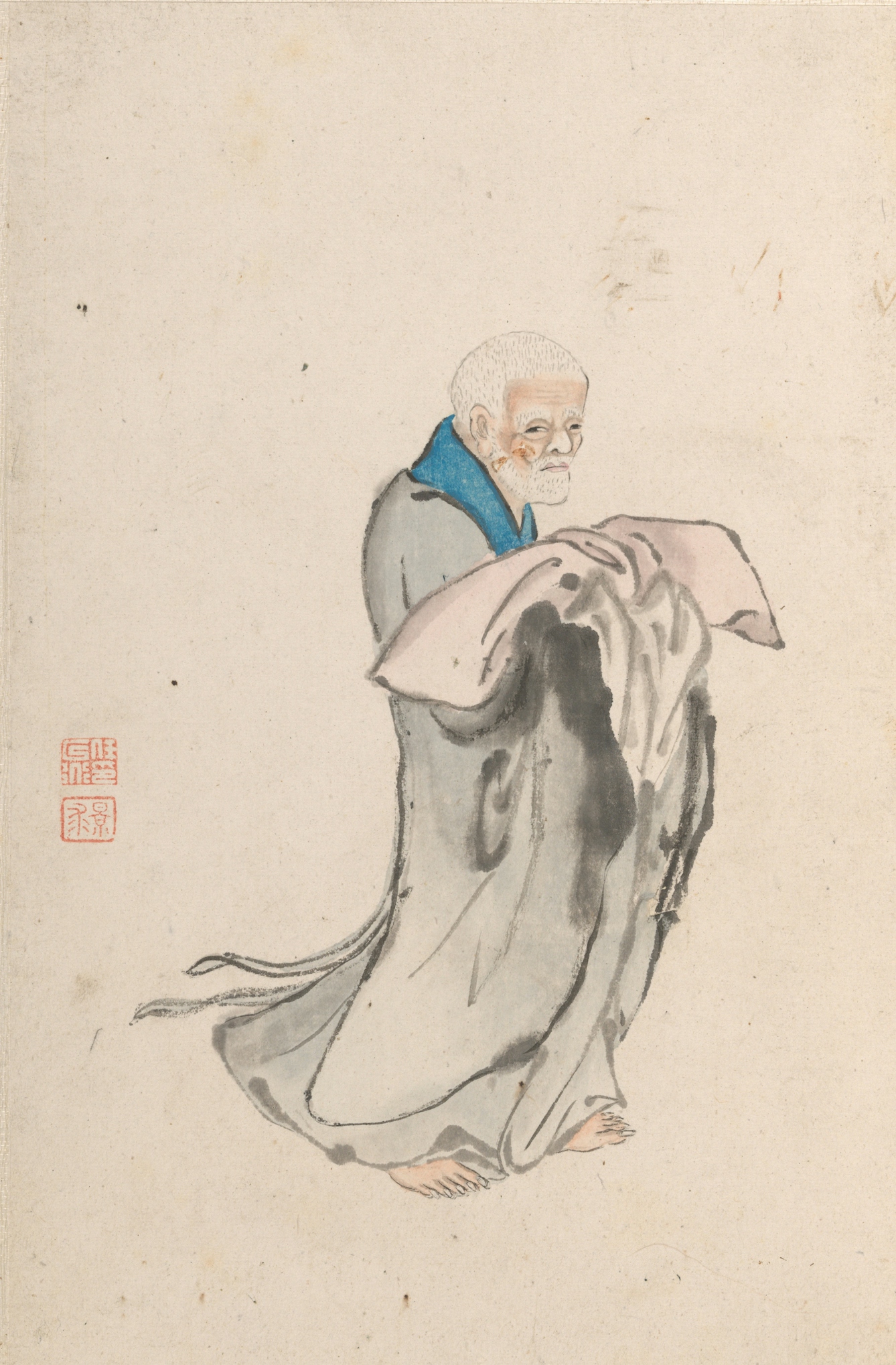 Painting of a Chinese man in grey robes holding a soft pillow.