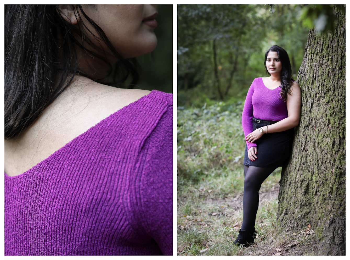Photographic diptych. The image on the right shows a full length view of a woman leaning against a tree trunk who is wearing a purple woollen top and black thy length skirt. The top has one full length right arm and one bear left arm. She is standing looking off to camera left, with her left hand crossing her body to touch her right wrist. In the background can be seen a park or woodland scene. The image on the left shows a close-up of the same woman in the same top, concentrating on her right shoulder from behind so the material of the top can be seen against the skin of her back and shoulder. The profile of the bottom half of her face can just be seen at the top of the frame.