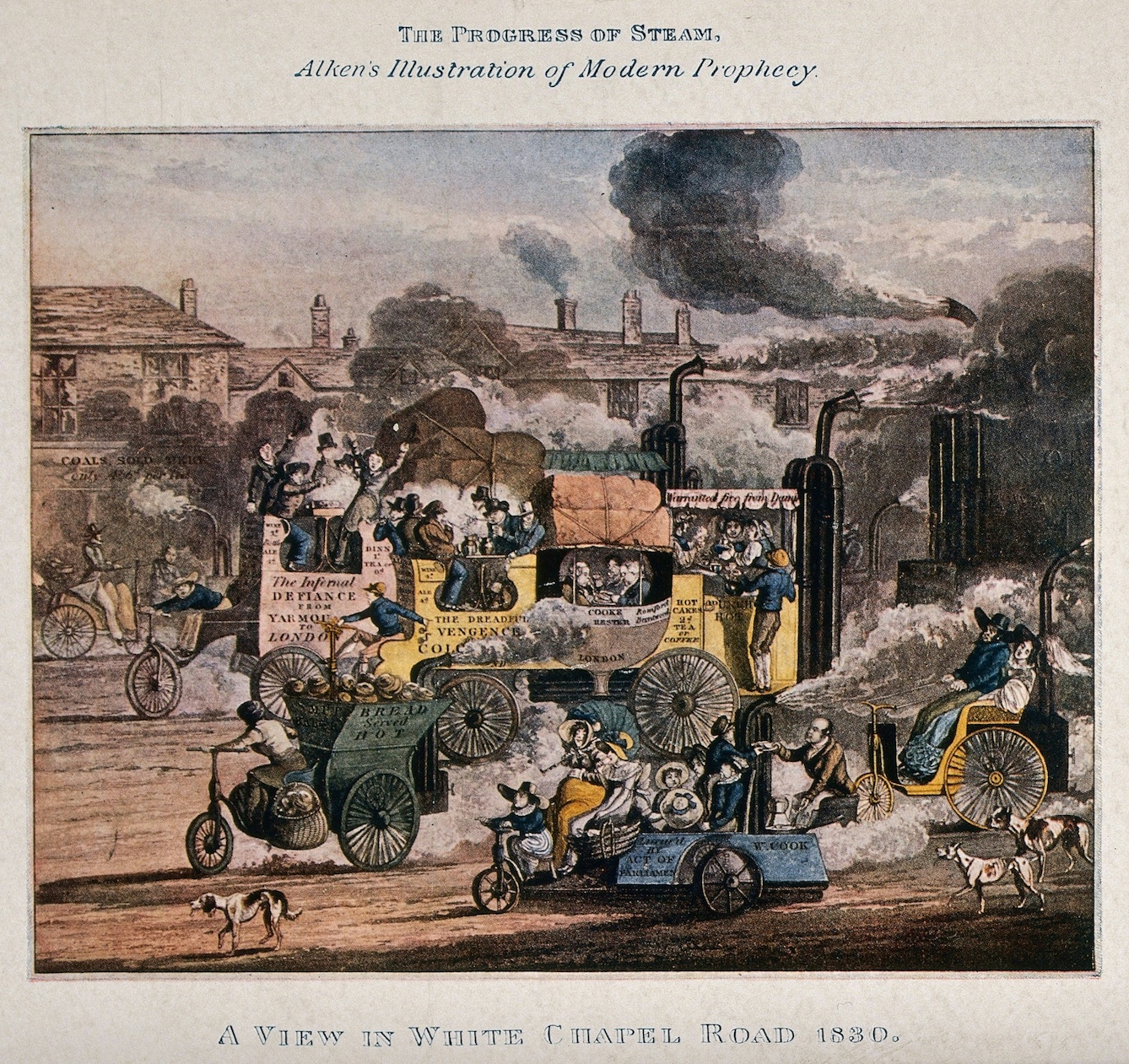 Image of ink drawing depicting steam powered vehicles
