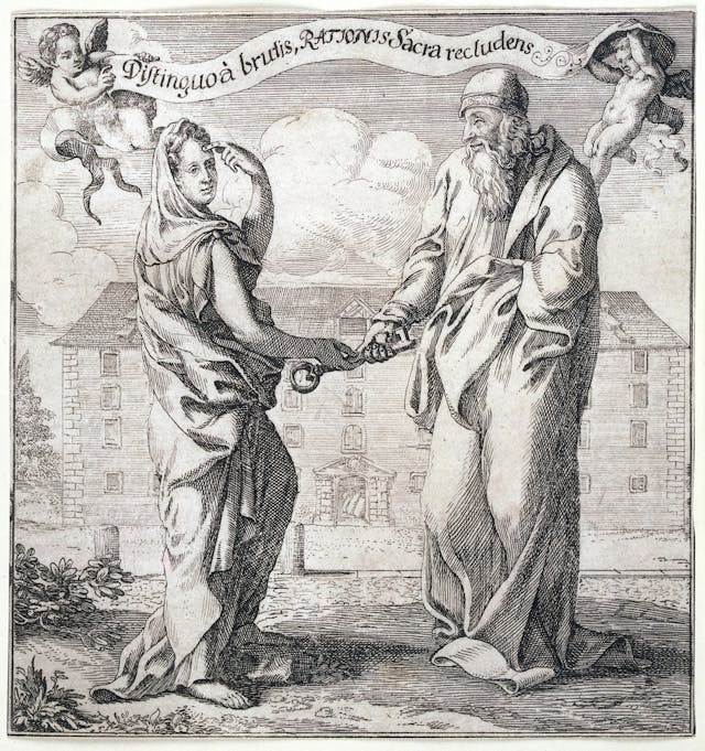 Black and white etching showing a woman representing Wisdom tapping her head to indicate reason and giving Aristotle the key to the treasure-house of Reason, which is shown in the background as a store house filled with sacks. 