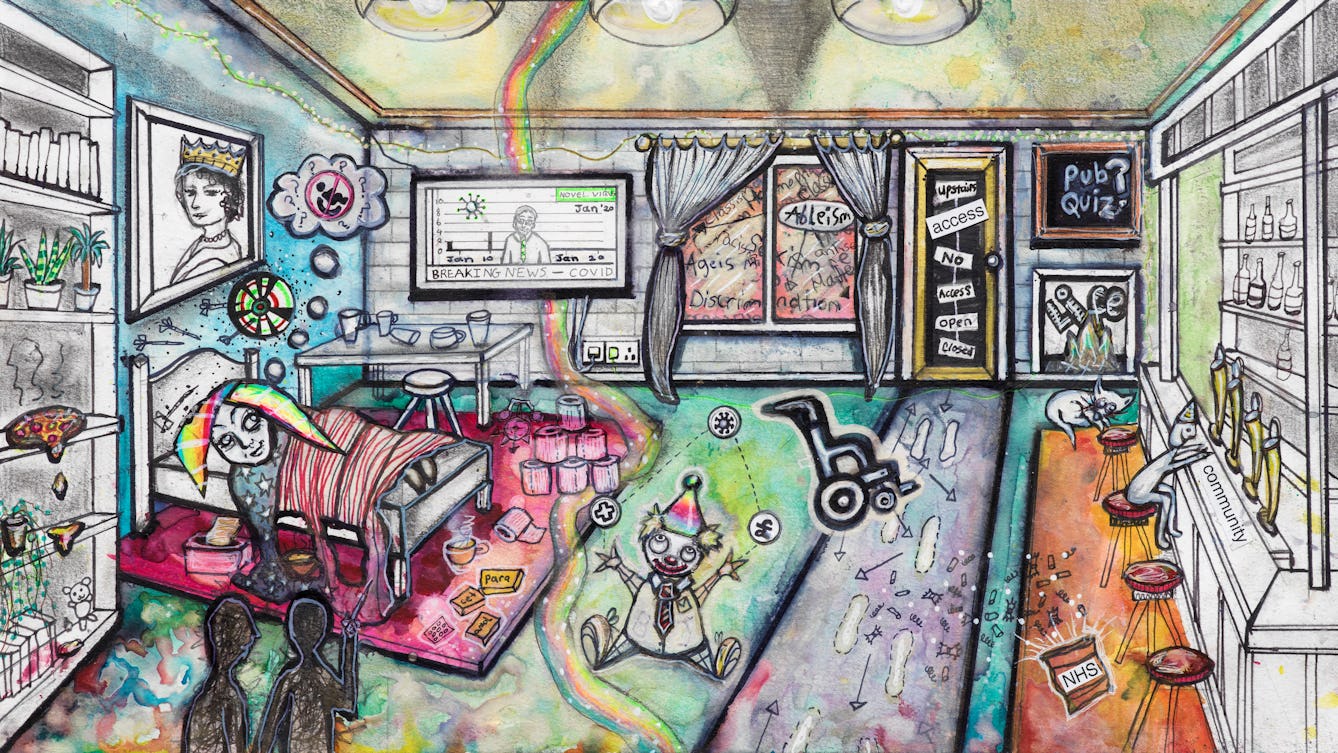 Artwork using watercolour and ink incorporating collaged words throughout the scene. The artwork shows a busy multi-coloured room. On the left hand side of the image a woman with rainbow coloured hair is lying in bed.  On the floor there are: packets of paracetamol; toilet rolls; and a toy clown juggling first aid, corona virus and pound symbols. In the foreground the silhouette of two people stand together at a distance from the bed. A rainbow flows across the room where a television mounted on