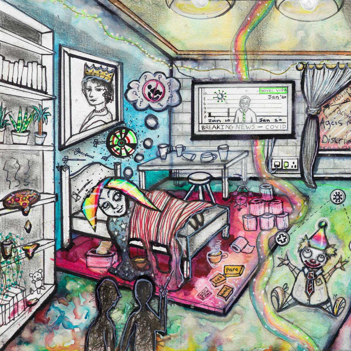 Artwork using watercolour and ink incorporating collaged words throughout the scene. The artwork shows a busy multi-coloured room. On the left hand side of the image a woman with rainbow coloured hair is lying in bed.  On the floor there are: packets of paracetamol; toilet rolls; and a toy clown juggling first aid, corona virus and pound symbols. In the foreground the silhouette of two people stand together at a distance from the bed. A rainbow flows across the room where a television mounted on the wall delivers Covid related news. Alongside the television, a window overlooking the outside world is filled with words including ‘ableism’.  Next to the window is a door with a few words including the phrase ‘no access’.  Beside the door is a picture of the word ‘life’ burning in flames. On the right hand side of the image is a bar, including someone sitting on one of the bar stools, and a packet of NHS crisps exploded on the floor. On the bar is the word ‘community’.  On a pathway along which arrows dart in different directions, stands a wheelchair, this separates the bedroom scene from the bar scene.