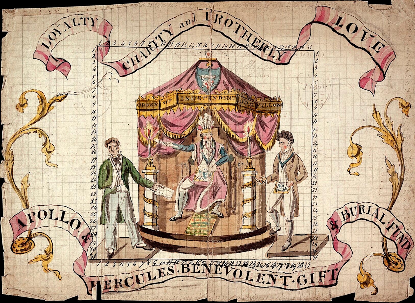 The president of the Apollo & Hercules Benvolent Gift and Burial Fund sits on a throne. On the left, a man with his arm in a sling presents a document (presumably a request for compensation). On the right an officer of the Order offers some gold coins.  The watercolour is presented in the form of a coat of arms, embellished with decorative scrolls and a banner above the central theme giving the values of the society: loyalty, charity and brotherly love and one below giving the name of the fund. 