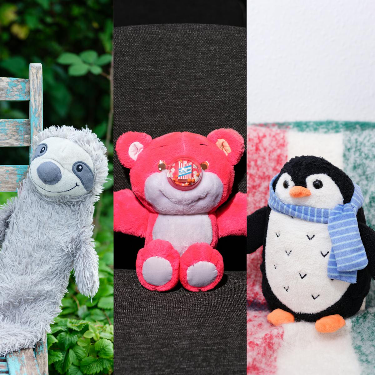 Composite photographic image combining vertical slices of 5 images. Each slice shows a different soft toy, including bears, a sloth, and a pengiun.