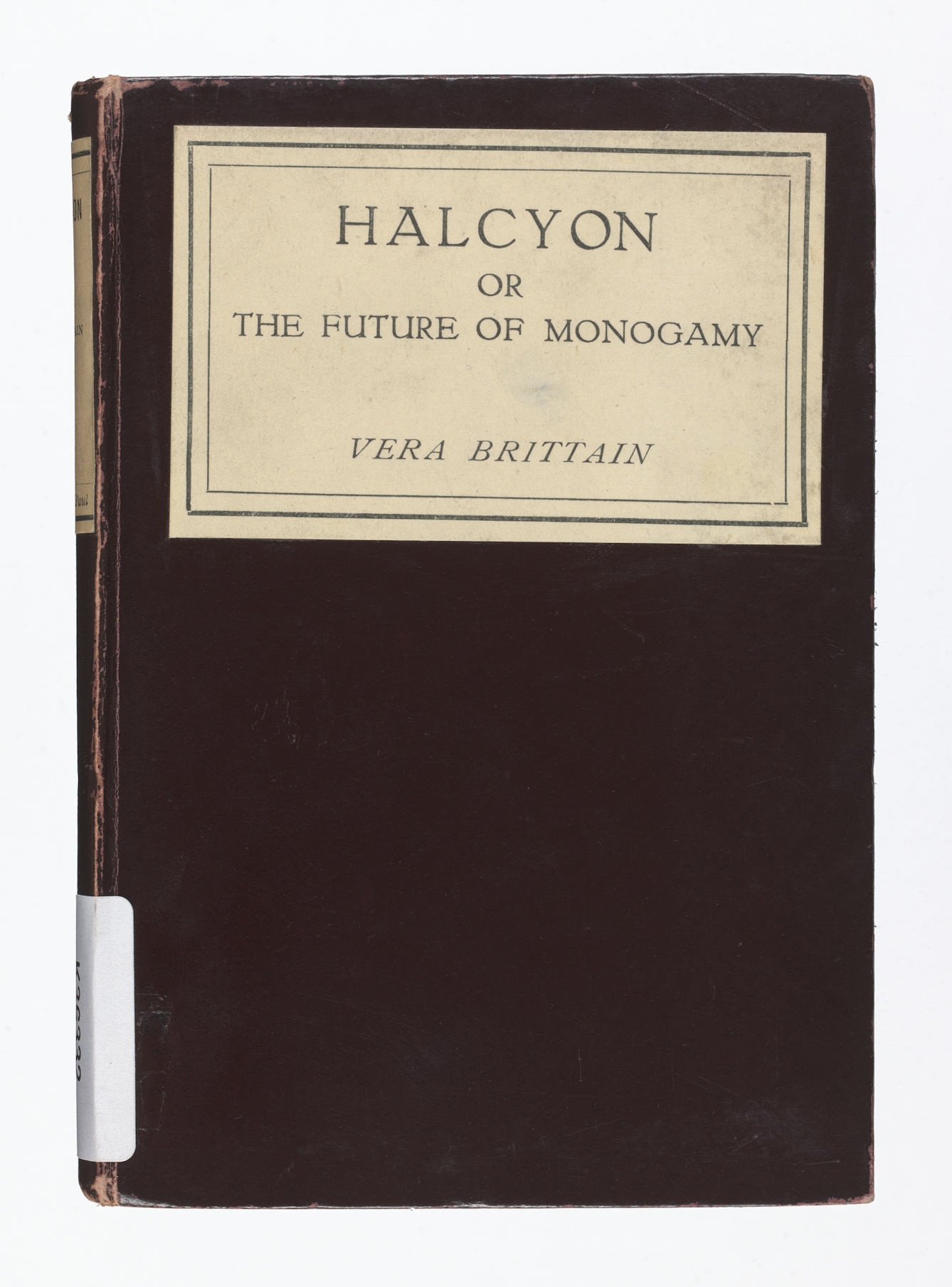 Photograph of the front cover of a book. The cover is brown with the title written within a rectangular label on the top half of the cover. The title reads, "Halcyon, or, The future of monogamy, Vera Brittain".