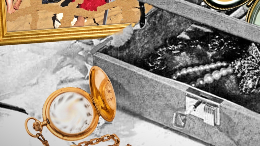 Crop of a larger colourful digital collage showing a black and white, two layer jewellery box stood open on a dresser with various jewels and pearls inside. In front of the jewellery box is an open golden pocket watch, with the clock face blurred and distorted. There is a photo in an ornate gold frame to the left of the central jewellery box. The photo has large bits missing from them, and there are traces of missing photo in the shape of ripped up paper. The photo on the left shows an elderly woman and younger woman sat together smiling on deck chairs on a sandy beach. 