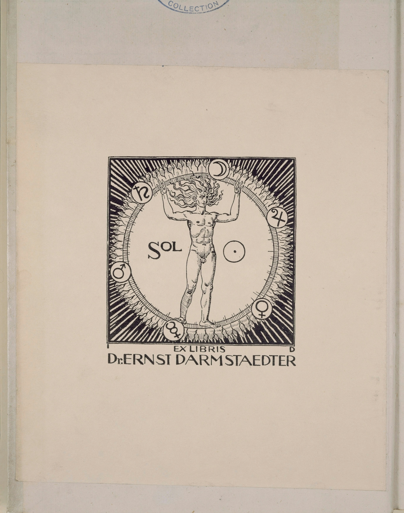 Bookplate depicting a nude male figure standing inside a ring with flames and cosmological symbols around the edge.  Below the image are the words 'Ex Libris Dr. Ernst Darmstaedter.'