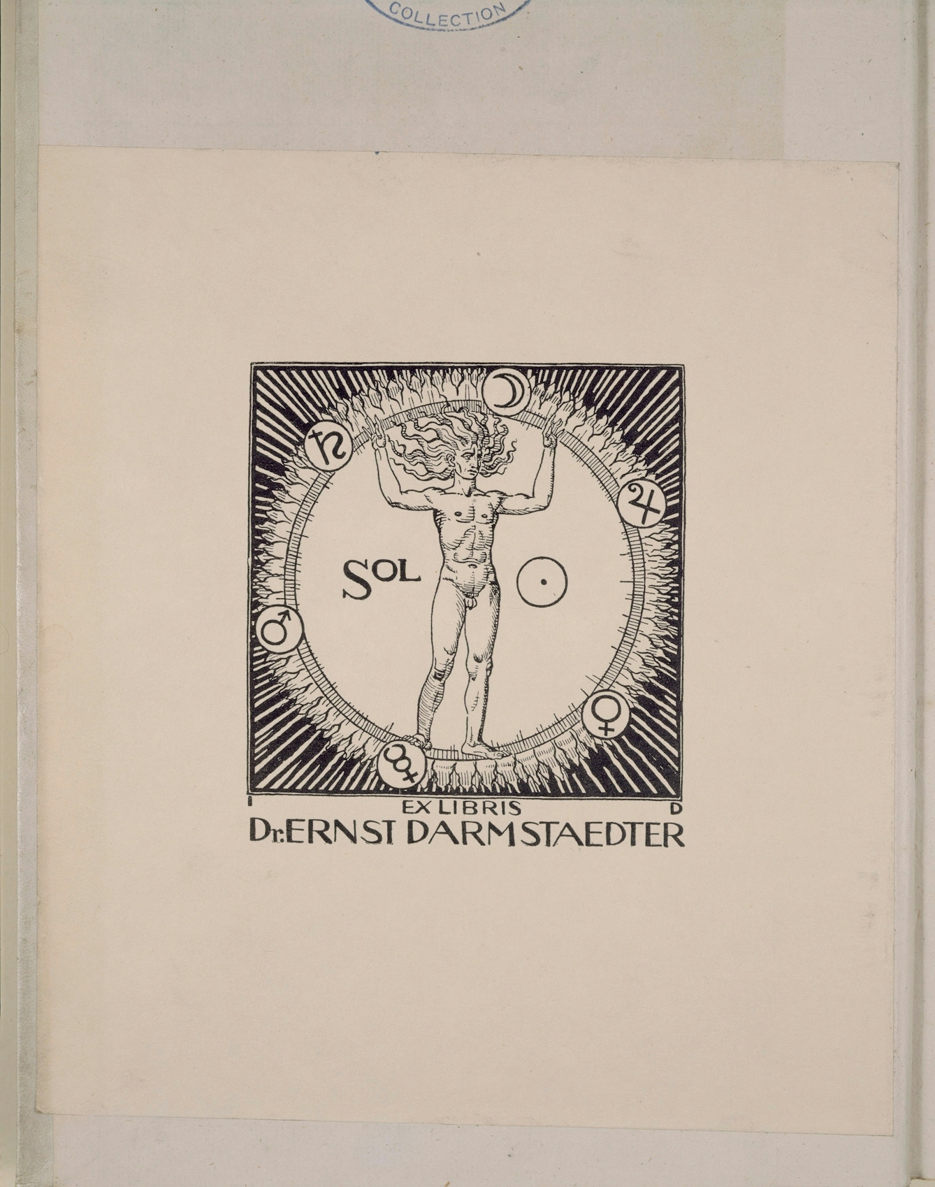 Bookplate depicting a nude male figure standing inside a ring with flames and cosmological symbols around the edge. Below the image are the words 'Ex Libris Dr. Ernst Darmstaedter.'