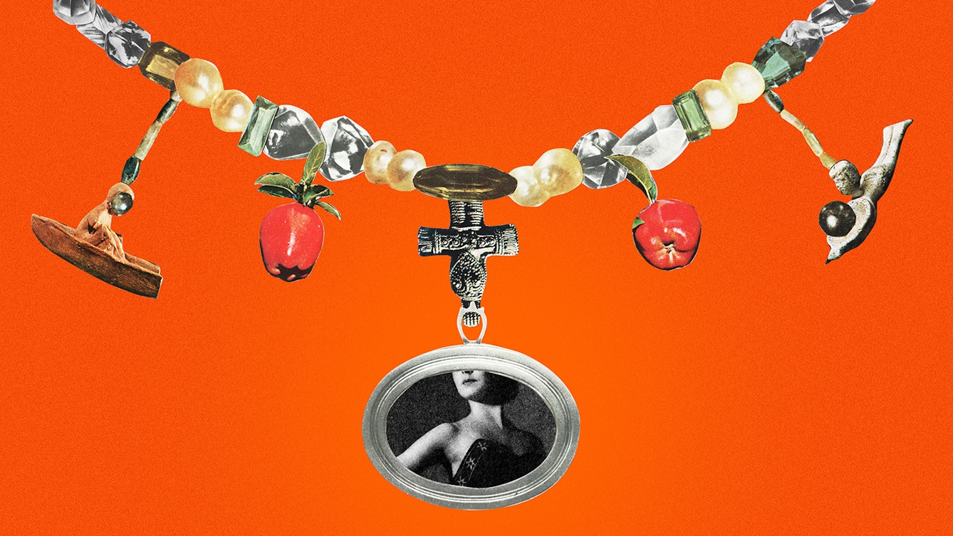Coloured photograph of a paper collage on a bright orange background. There is a necklace fashioned out of different paper cut outs, some in colour and some in black and white. There are five sections which are dangling from the main necklace chain. The largest dangling section in the middle comprises a black and white cutout of a brooch which contains a photo of a woman's upper body, face and neck.