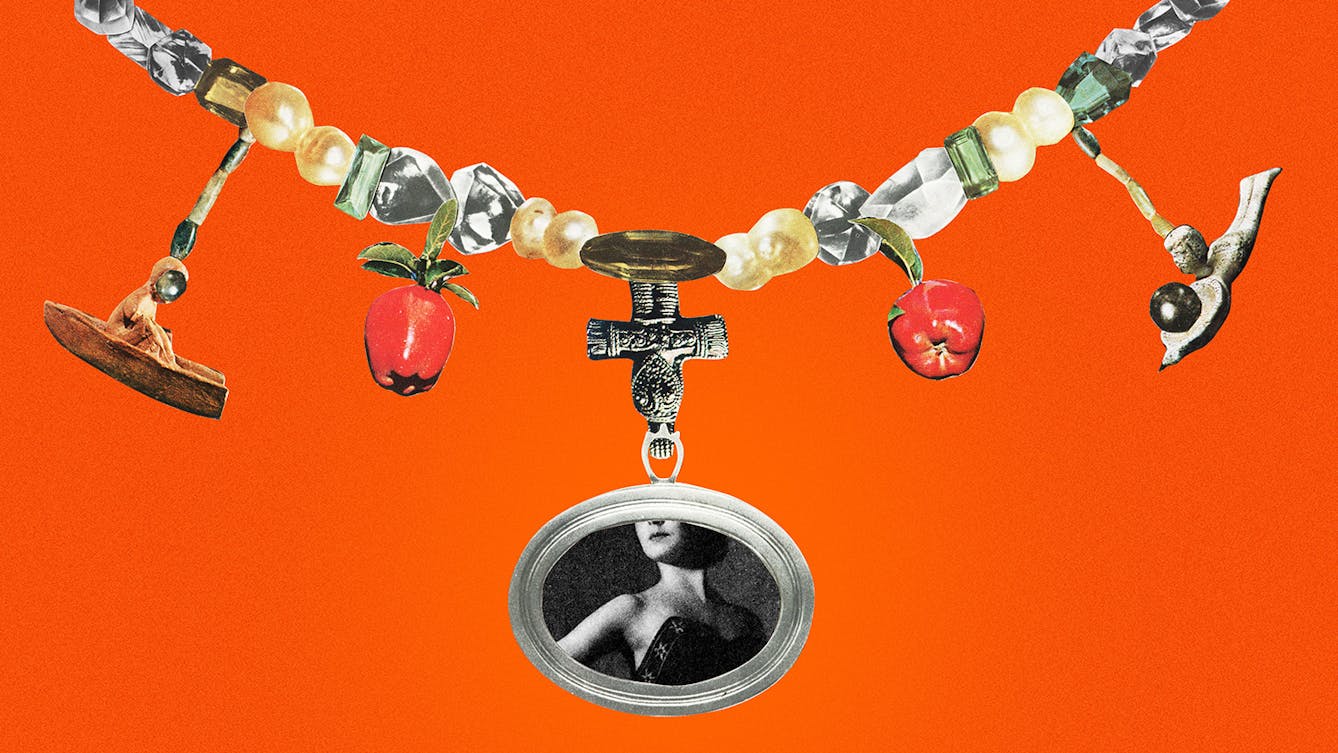 Coloured photograph of a paper collage on a bright orange background. There is a necklace fashioned out of different paper cut outs, some in colour and some in black and white. There are five sections which are dangling from the main necklace chain. The largest dangling section in the middle comprises a black and white cutout of a brooch which contains a photo of a woman's upper body, face and neck. 