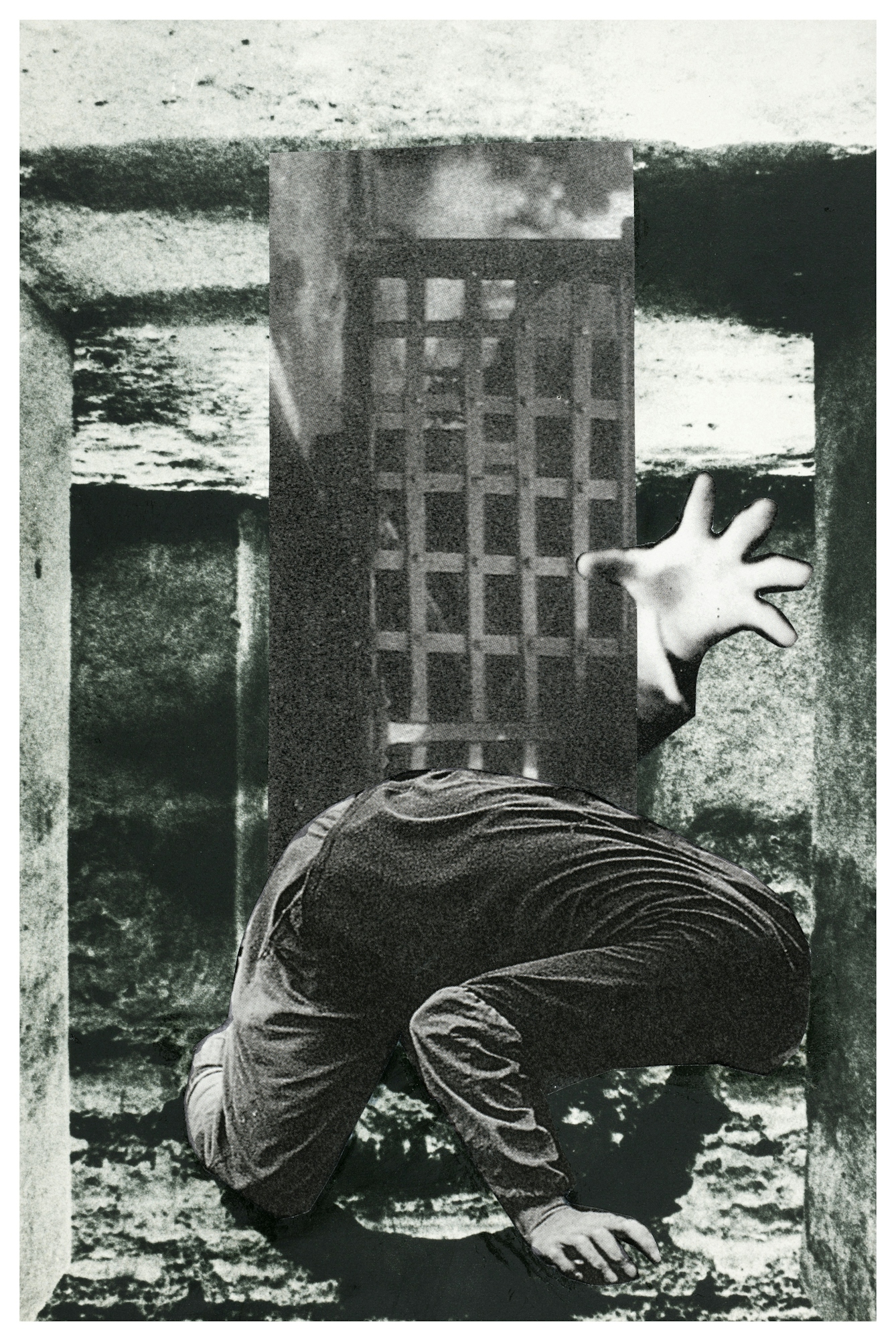 Photographic collage using images cut out from magazines and books. The scene depicts a man's torso on hands and knees as if searching for something. His head is hidden behind a stone wall. Behind him is gridded iron door like in a castle prison. From behind the door a hand is reaching out, fingers spread, towards the viewer. The background of the scene is made up of fragments of stone walls and ceilings. The overall tones of the collage are monotone, blacks, whites and greys.