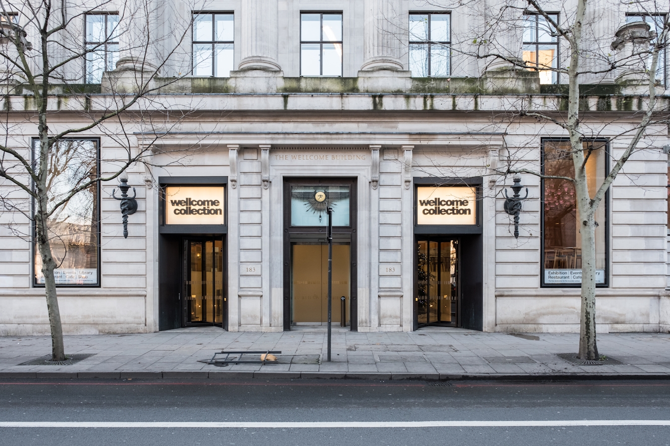 A photograph showing the Wellcome Collection entrance at street level on Euston Road. There are three doorways and a wide pavement runs in front of them. On either side there are revolving doors, and in the middle there is a set of double doors with a push-button for ease of access.