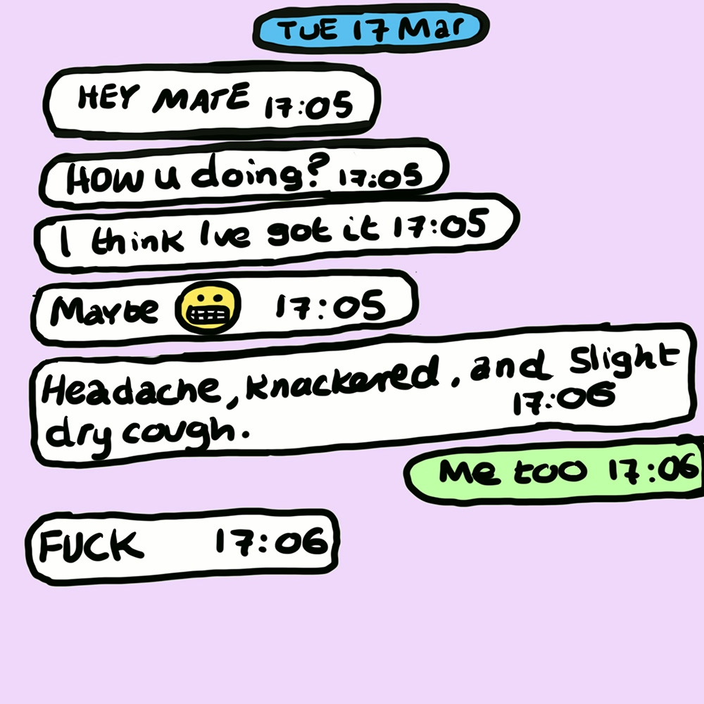 Webcomic showing a text conversation on a pink background. The conversation includes asking how the recipient is doing while stating they think they have COVID-19, and lists symptoms.  