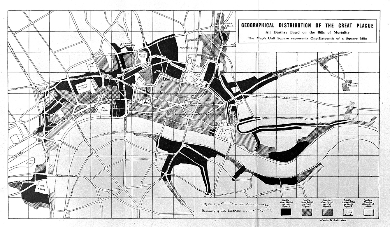 Black and white map of London showing some areas in black where there were more than 3000 deaths per unit square, crosshatched areas for 2000 or more deaths, hatched for 1000 or more and dotted for 500 or more. Most of the centre of the map is hatched and crosshatched, with large areas above that are black and a large central area below the river Thames that is black. There is a black ring around "The Abbey" marked to the left.