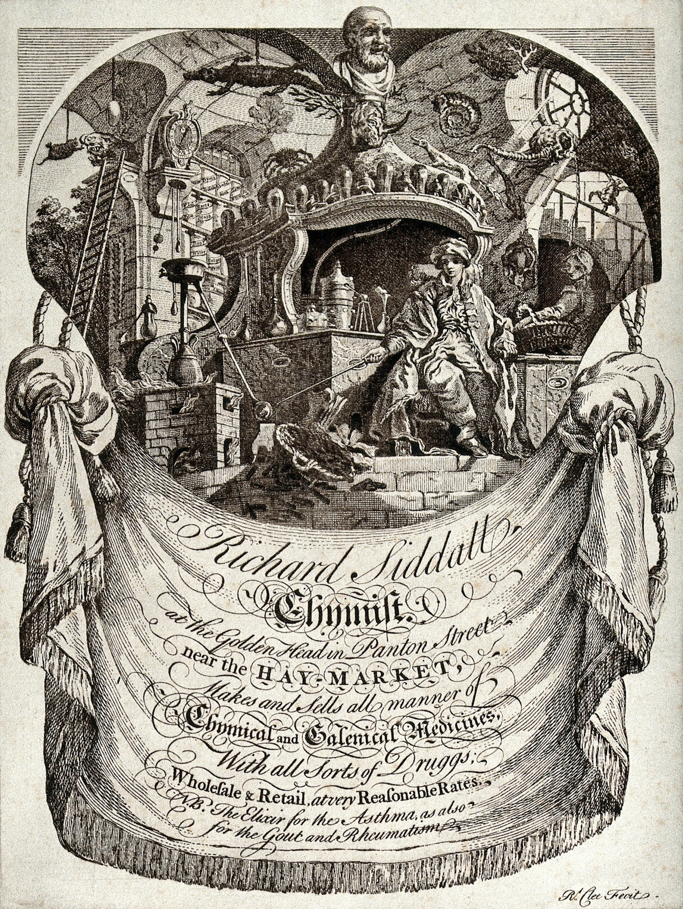18th-century trade card for Richard Siddall, chymist with detailed engraving of a chemist seated in the interior of his shop 