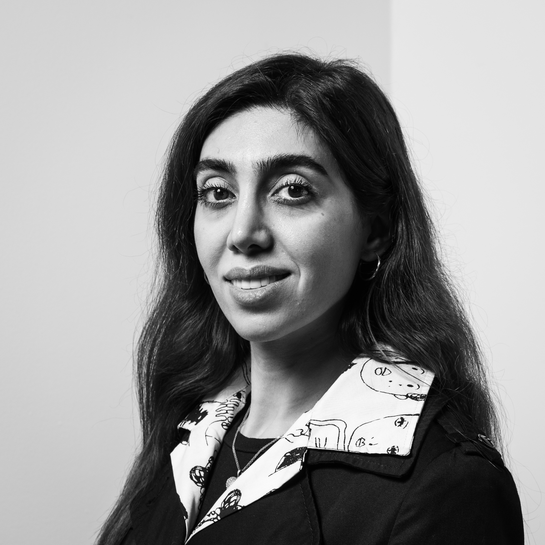 Black and white, head and shoulders portrait of Ghazal Zargar.