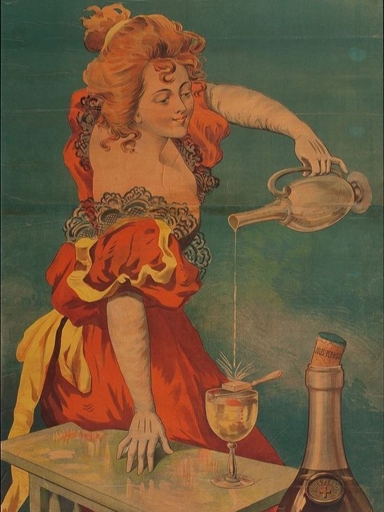 Advertising poster showing a woman in a red dress leaning on a table with one hand while pouring a drink from a silver jug into a glass with the other. There's a large corked bottle in the foreground, with Jules Pernod written on the cork and label.