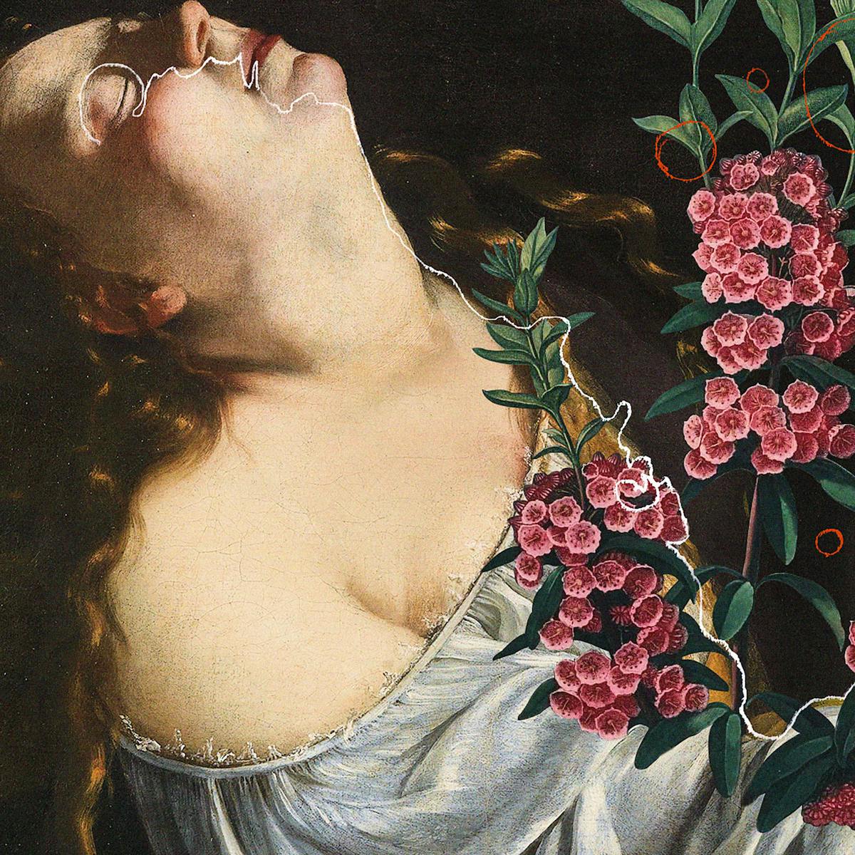 Digital montage artwork using elements from  the work of 16th century female baroque painter Artemisia Gentileschi, combined with other imagery and illustrative elements. The image shows a woman from the side with her head and neck arched backwards towards the right of the image, her eyes are closed and her long hair flows down her back. She has the fingers of her hands clasped together around her knee. The background of the image is dark with the texture of a varnished oil canvas. Added over the top of the oil painting is a robin perched on her knee, red circles of different sizes, like bubbles, and a floral plant, Narrow leaved Kalmia, with pink flowers and green leaves. There is a thin white line which meanders and zig-zags across the image from the woman's right eye, down her body and over to the robin.
