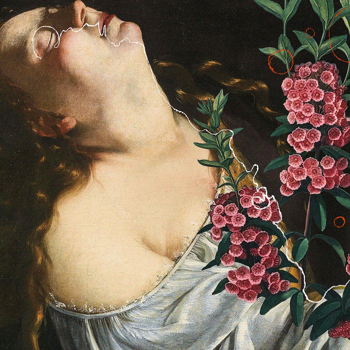 Digital montage artwork using elements from the work of 16th century female baroque painter Artemisia Gentileschi, combined with other imagery and illustrative elements. The image shows a woman from the side with her head and neck arched backwards towards the right of the image, her eyes are closed and her long hair flows down her back. She has the fingers of her hands clasped together around her knee. The background of the image is dark with the texture of a varnished oil canvas. Added over the top of the oil painting is a robin perched on her knee, red circles of different sizes, like bubbles, and a floral plant, Narrow leaved Kalmia, with pink flowers and green leaves. There is a thin white line which meanders and zig-zags across the image from the woman's right eye, down her body and over to the robin.