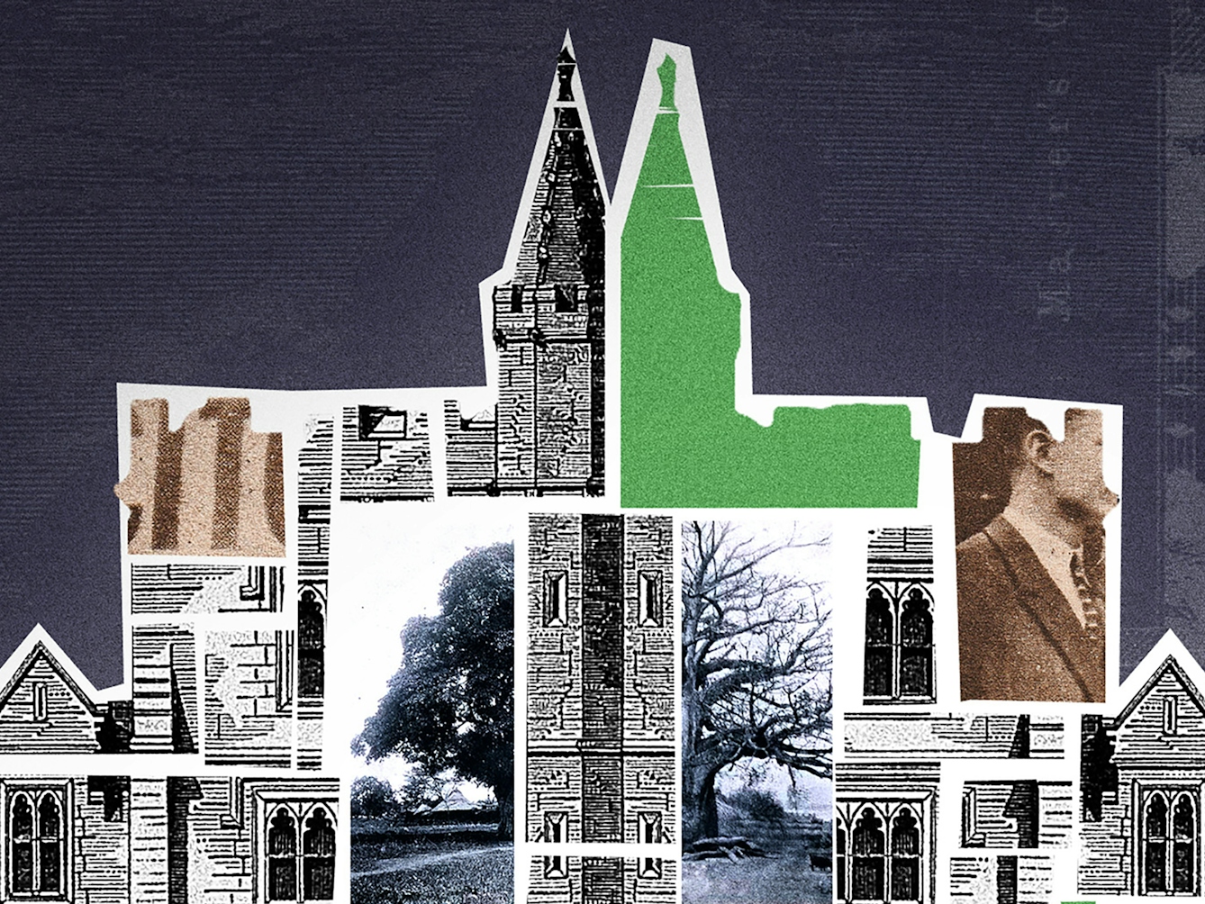 Crop from a larger digital collage. Shown is a building, labelled 'The London University'. The building's interior is filled with different collage elements, including newspaper cut-outs reading 'Africanus', 'Medical Service' and 'in Freetown'. Also shown in the building is an image of Kano (a city of Nigeria), images of the Bauchi Highlands, and a map of Nigeria.
