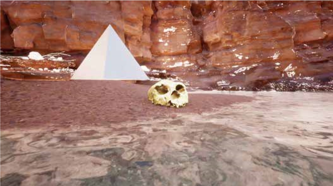 A hominid skull lies half buried in a desert landscape. Behind it is a white pyramid shaped object
