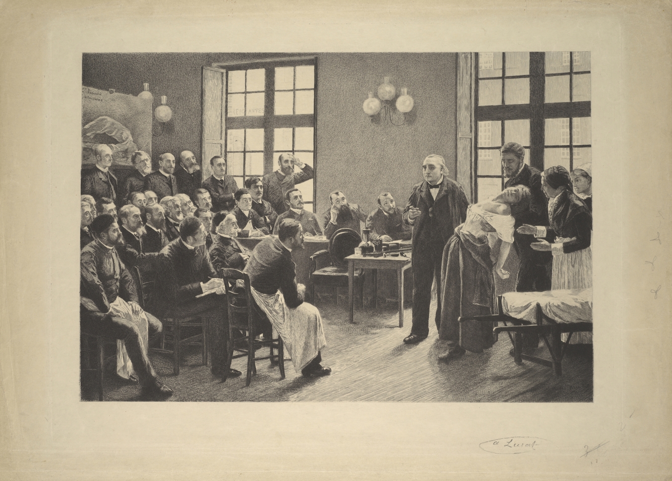 Jean-Martin Charcot demonstrating hysteria in a patient at the Salpetriere. Lithograph after P.A.A. Brouillet, 1887