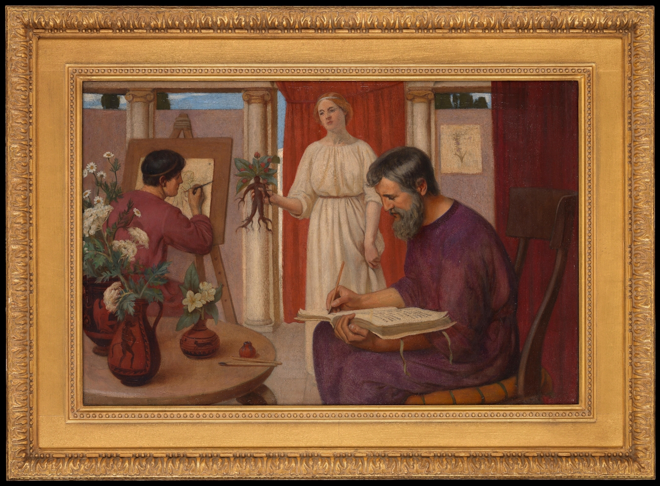Oil painting in ornate gold frame showing Ancient Greek physician Dioscorides seated making notes while a young woman holds up a mandrake plant and a young man seated at an easel draws hte plant