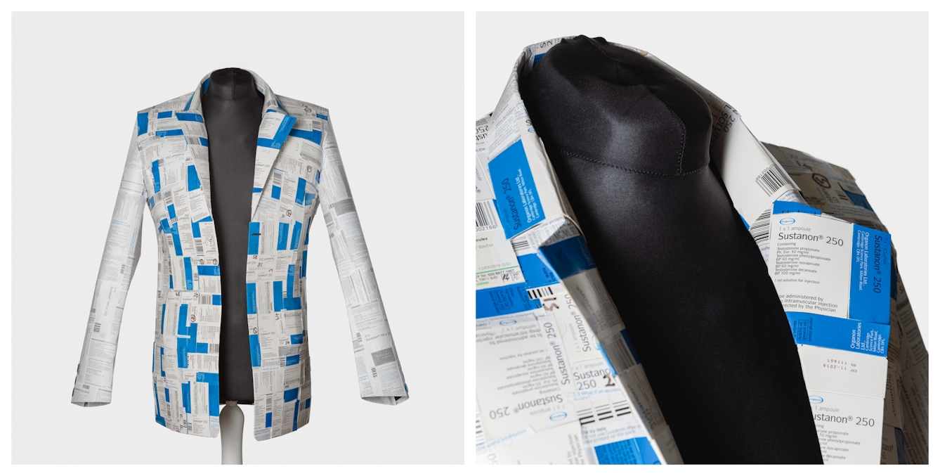 Photographic diptych showing a wide view of a jacket on a mannequin made out of medicine boxes on the right and a close up of the lapel area on the left.