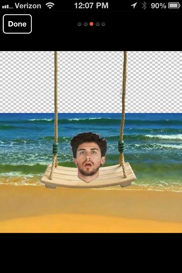 Comedy Tinder profile picture showing a head minus a body on a swing, with a beach and sea in the background.