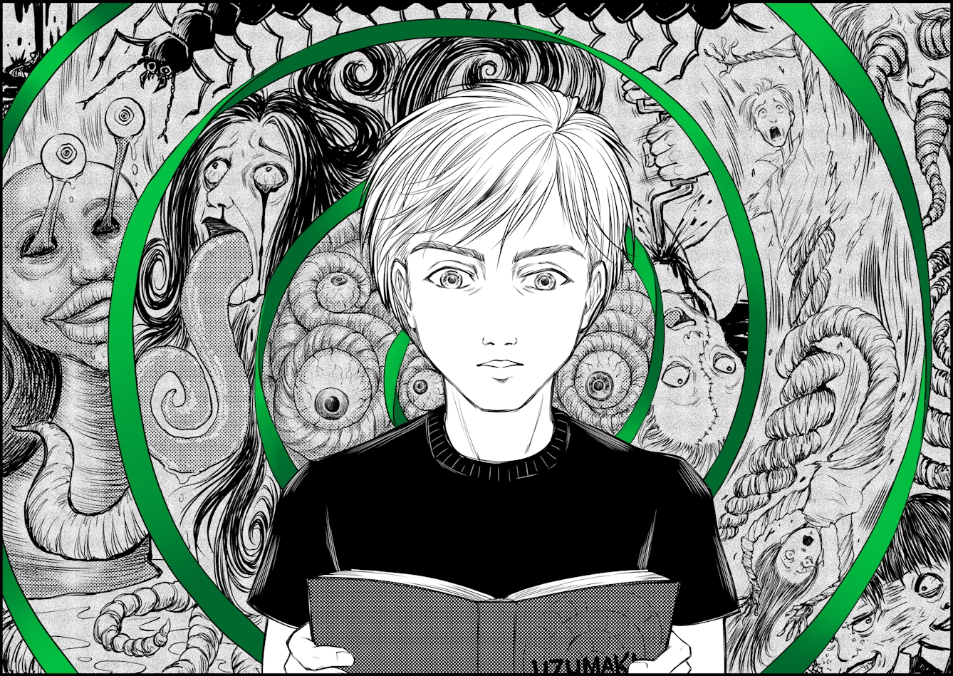 Illustration in the style of Manga graphic novels, showing a young person looking at an open book titled, Uzumaki. Behind them is a spiralling green ribbon, within which are body horror illustrations of faces with bleeding eyes, giant tongues, tentacles, insects, stitched up faces and expressions of horror.