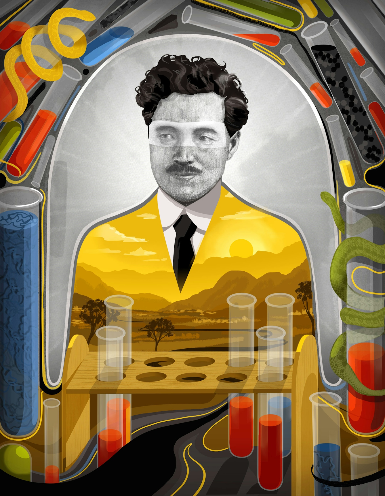 Illustration of Hideyo Noguchi showing an African landscape in the space of his torso, and a frame depicting test tubes and snakes.