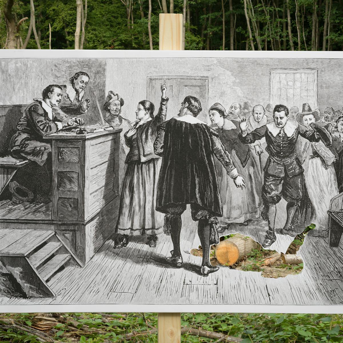 An etching of a courtroom photographed in front of a landscape featuring a forest in the background. The plaintiff in the courtroom is cut out and the landscape is shown through the aperture.