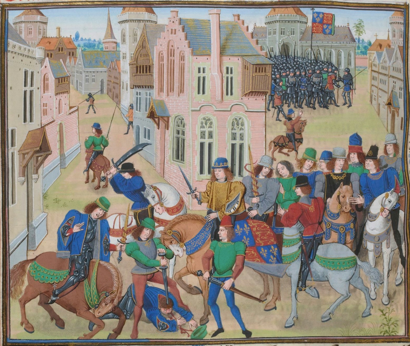 Colour illustration showing a battle with men on foot and on horse back. In the foreground a man lies on the ground while being stabbed by another man with a sword.